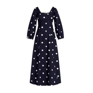 Free Assembly Navy White Polka Dot Maxi Dress Smocked Square Neck Size L NWT